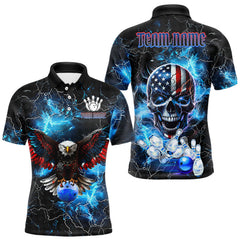 Maxcorners Blue Thunder Lightning American Flag Eagle Skull Mens Bowling Shirts Custom Bowling Team Jersey LM2509