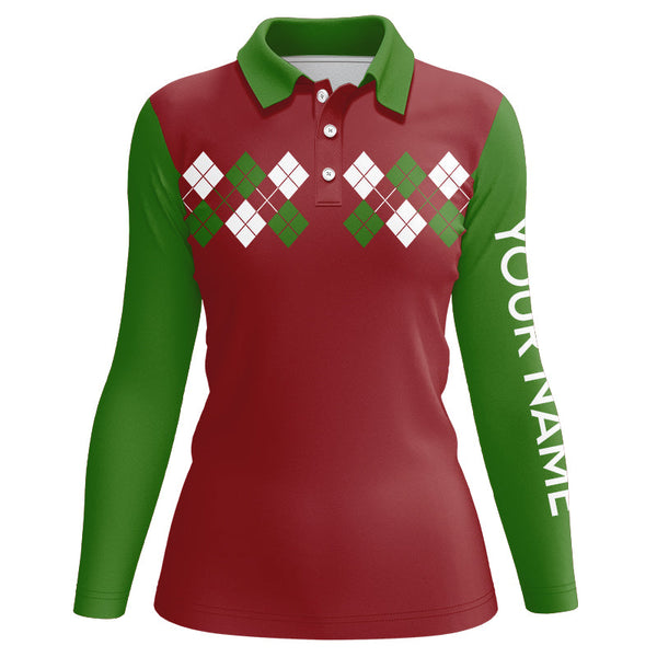 Maxcorners Green, Red and White argyle pattern Womens golf polo shirt custom Christmas golf attire for ladies