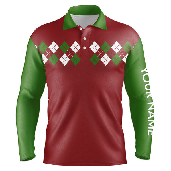 Maxcorners Green, Red and White argyle pattern Mens golf polo shirt custom Christmas golf attire for men