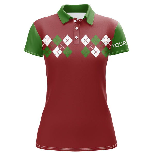 Maxcorners Green, Red and White argyle pattern Womens golf polo shirt custom Christmas golf attire for ladies