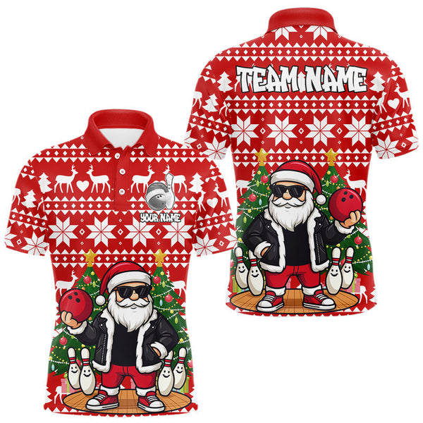Maxcorners Funny Santa Christmas Mens Bowling Polo, Quarter Zip Shirts Custom Team Bowling Jersey | Red LM2110