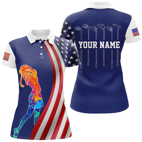 Max Corners American Flag Golf Clubs Watercolor Art Customized Name 3D Golf Polo Shirt For Women