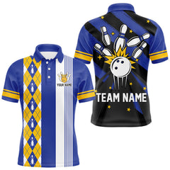 Maxcorners Retro Blue and Yellow argyle pattern Bowling shirts For Men custom bowling team jersey Bowler Outfits LM2011
