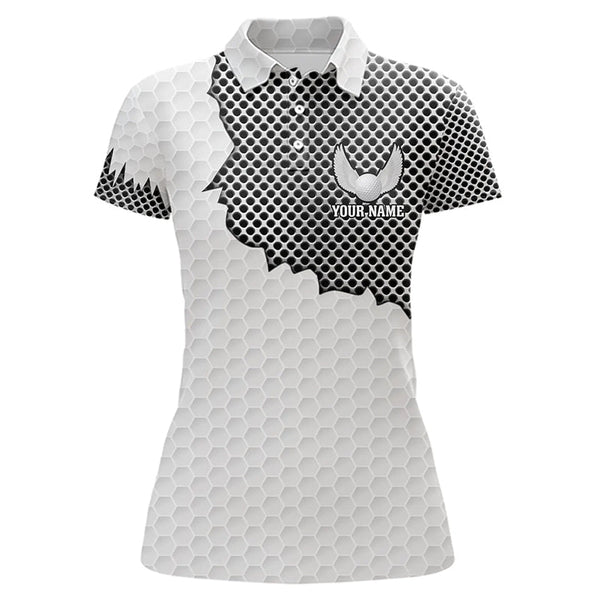 Maxcorners White golf ball pattern metal Womens golf polos shirts custom cool polo shirts for ladies