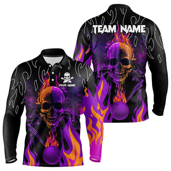Maxcorners Personalized Purple Flame Skull Bowling Polo Shirts For Men Custom Team Bowling Jerseys