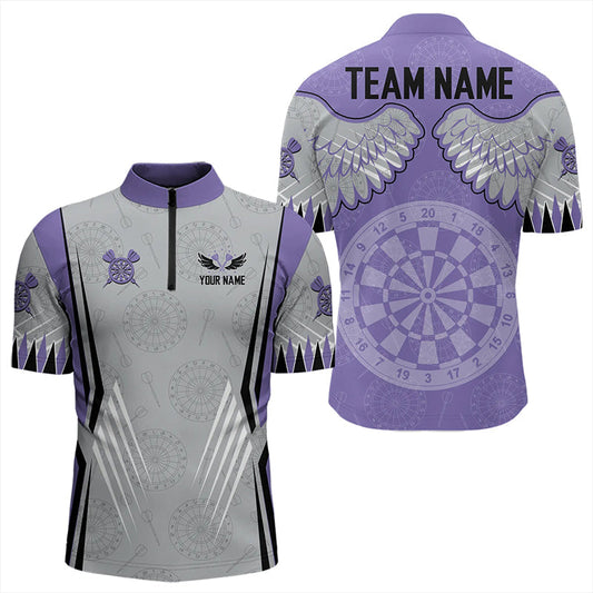 Maxcorners Dart Board Wings Camo Custom Team Dart Polo, Quarter Zip Shirt For Men, Mens Dart Jersey | Purple