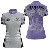 Maxcorners Personalized Bowling Polo, Quarter Zip Shirt For Men Custom Bowling Wings Pattern Team Bowler Jerseys