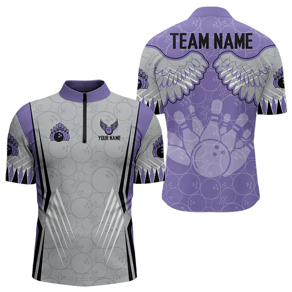 Maxcorners Personalized Bowling Polo, Quarter Zip Shirt For Men Custom Bowling Wings Pattern Team Bowler Jerseys