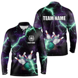 Maxcorners Men & Women Bowling Shirts Custom Purple Green Lightning Thunder Bowling Team Jersey, Gift For Team Bowlers