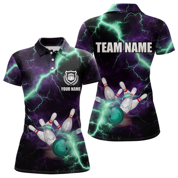 Maxcorners Men & Women Bowling Shirts Custom Purple Green Lightning Thunder Bowling Team Jersey, Gift For Team Bowlers