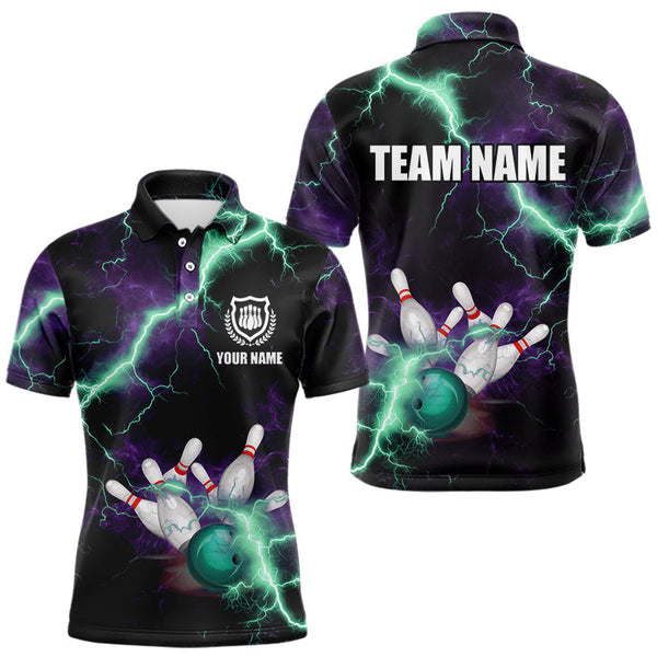 Maxcorners Men & Women Bowling Shirts Custom Purple Green Lightning Thunder Bowling Team Jersey, Gift For Team Bowlers