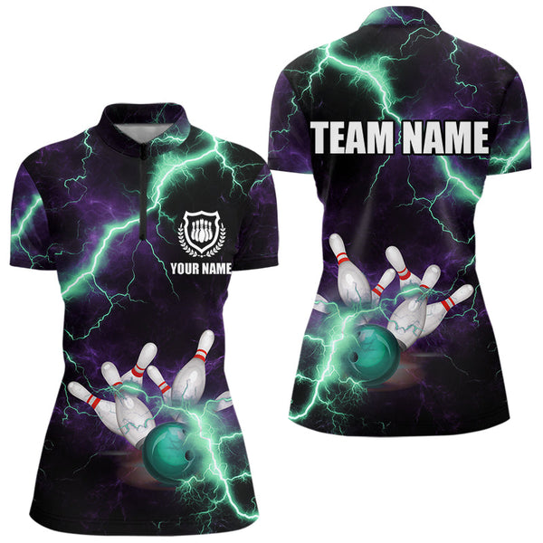 Maxcorners Men & Women Bowling Shirts Custom Purple Green Lightning Thunder Bowling Team Jersey, Gift For Team Bowlers