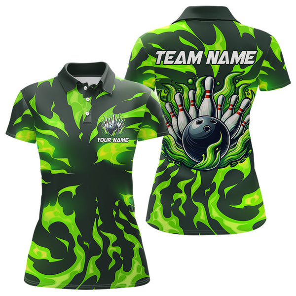 Maxcorners Men & Women Bowling Polo, Quarter Zip Shirts Custom Green Flame Bowling Team Jersey, Gift For Team Bowlers