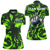 Maxcorners Men & Women Bowling Polo, Quarter Zip Shirts Custom Green Flame Bowling Team Jersey, Gift For Team Bowlers