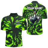 Maxcorners Men & Women Bowling Polo, Quarter Zip Shirts Custom Green Flame Bowling Team Jersey, Gift For Team Bowlers