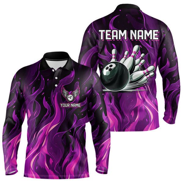 Maxcorners Men & Women Bowling Polo, Quarter Zip Shirts Custom Pink Flame Bowling Team Jersey, Gift For Team Bowlers