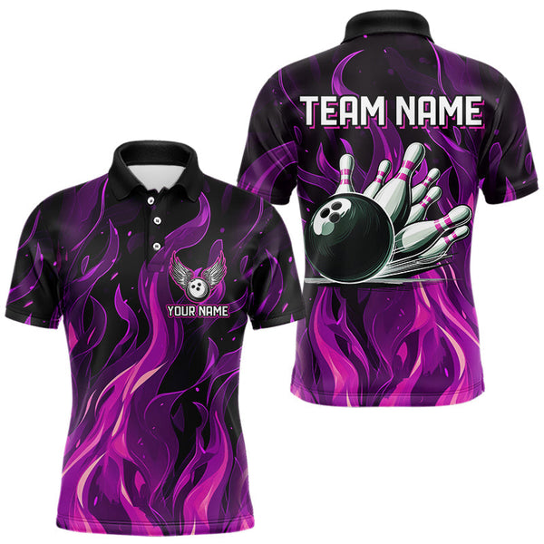 Maxcorners Men & Women Bowling Polo, Quarter Zip Shirts Custom Pink Flame Bowling Team Jersey, Gift For Team Bowlers