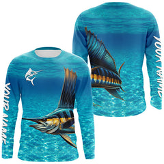 Maxcorners Sailfish fishing blue water camo Custom Name sun protection long sleeve fishing shirt for men, women LM2408