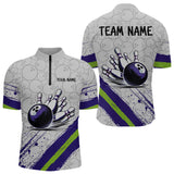 Maxcorners Purple and Green Bowling Camo Polo, 1/4 Zip Shirt for Men Custom Team bowling jersey gift for bowlers LM1625