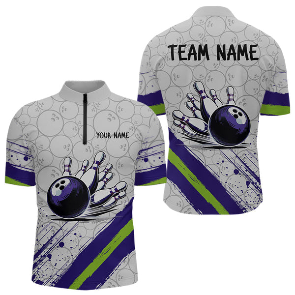 Maxcorners Purple and Green Bowling Camo Polo, 1/4 Zip Shirt for Men Custom Team bowling jersey gift for bowlers LM1625