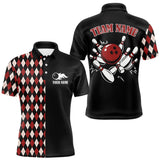 Maxcorners Black and Red Argyle Pattern Retro Bowling Polo, Quarter Zip Shirt for Men Custom Team Bowling Outfit MT2108