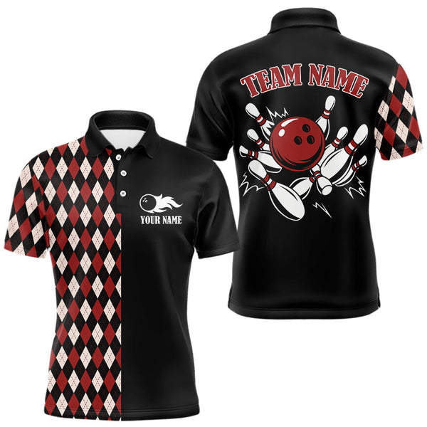 Maxcorners Black and Red Argyle Pattern Retro Bowling Polo, Quarter Zip Shirt for Men Custom Team Bowling Outfit MT2108