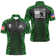 Maxcorners Mens Bowling Polo, Quarter Zip Shirts Custom green camo American flag team bowling League Jerseys LM2011