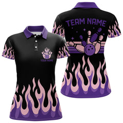 Maxcorners Black And Purple Flame Retro Bowling Polo, Quarter Zip Shirt For Men Custom Bowling Team Jerseys