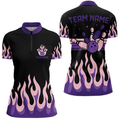 Maxcorners Black And Purple Flame Retro Bowling Polo, Quarter Zip Shirt For Men Custom Bowling Team Jerseys