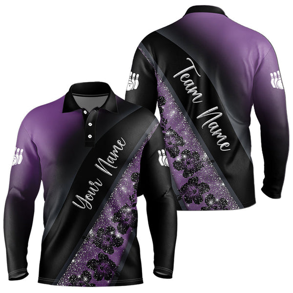 Maxcorners Black and Purple Glitter Flower Bowling Polo, Quarter Zip Shirt for Men Custom Bowling Team Jerseys