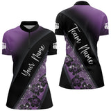 Maxcorners Black and Purple Glitter Flower Bowling Polo, Quarter Zip Shirt for Men Custom Bowling Team Jerseys