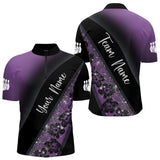 Maxcorners Black and Purple Glitter Flower Bowling Polo, Quarter Zip Shirt for Men Custom Bowling Team Jerseys