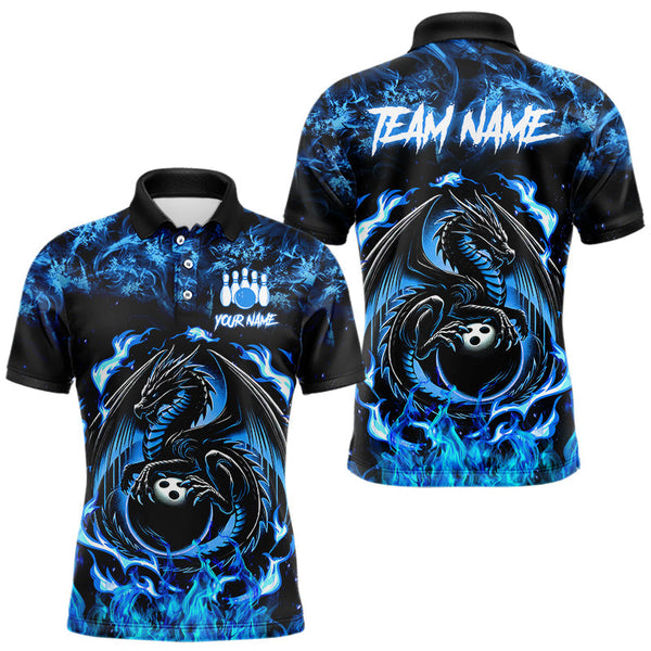 Maxcorners Black And Blue Flame Dragon Bowling Shirts For Men & Women Custom Bowling Team Jersey, Gift For Bowler