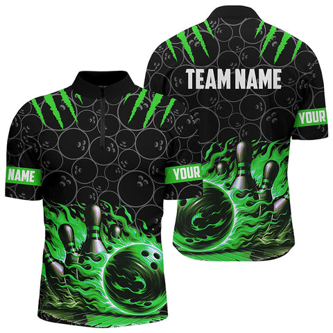 MaxCorners Bowling And Pins Black Green Flame Customized Name, Team Name 3D Stand Collar Zipper Polo Shirt For Men