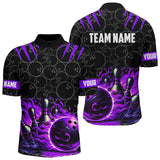 MaxCorners Bowling And Pins Black Purple Flame Customized Name, Team Name 3D Stand Collar Zipper Polo Shirt For Men