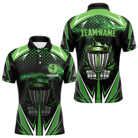 Maxcorners Black Mens disc golf polo shirts custom green fire lightning team disc golf jersey, unique golf gifts LM3006