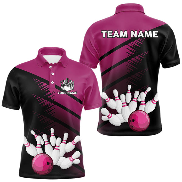 Maxcorners Black and Pink Bowling Polo, Quarter Zip shirts for Men Custom name bowling team league jerseys N LM3006