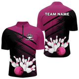 Maxcorners Black and Pink Bowling Polo, Quarter Zip shirts for Men Custom name bowling team league jerseys N LM3006