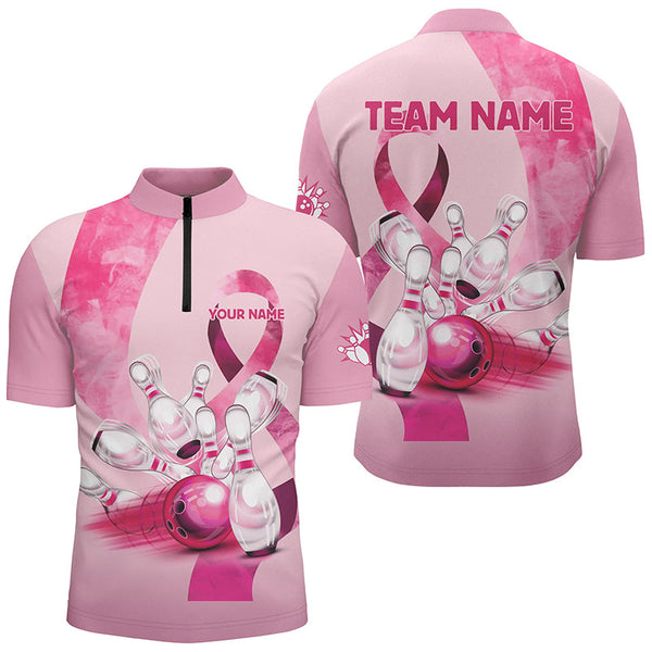 Maxcorners Bowling Ball And Pins Pink Ribbons PatternCustomized Name, Team Name 3D Shirt