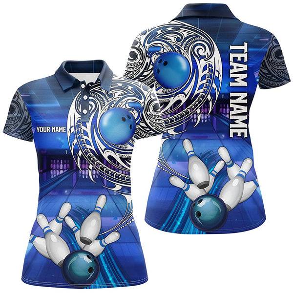 Maxcorners Personalized Blue tribal pattern custom bowling Polo, 1/4 zip shirts, cool bowling jerseys