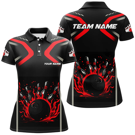 Maxcorners Personalized Red & Black Flame Bowling ball pins custom bowling shirts, cool bowling jerseys