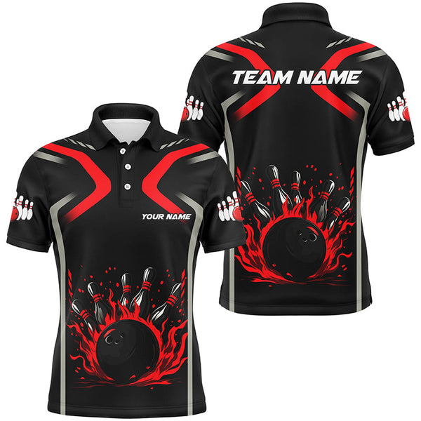 Maxcorners Personalized Red & Black Flame Bowling ball pins custom bowling shirts, cool bowling jerseys