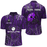 Maxcorners Purple Camo Bowling Polo, 1/4 Quarter zip shirts Custom Spider web Halloween Team Bowling jerseys