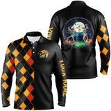 Maxcorners Funny Mens golf polo shirts custom black and orange argyle pattern Halloween skull golf tops