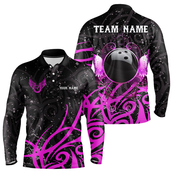 Maxcorners Black And Pink Camo Bowling Polo, Quarter Zip Shirt Custom Team Bowling Jersey Bowler Outfit