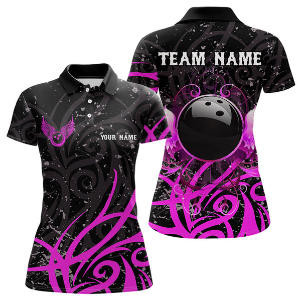 Maxcorners Black And Pink Camo Bowling Polo, Quarter Zip Shirt Custom Team Bowling Jersey Bowler Outfit