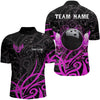 Maxcorners Black And Pink Camo Bowling Polo, Quarter Zip Shirt Custom Team Bowling Jersey Bowler Outfit
