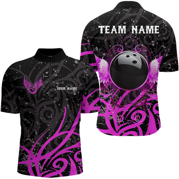 Maxcorners Black And Pink Camo Bowling Polo, Quarter Zip Shirt Custom Team Bowling Jersey Bowler Outfit