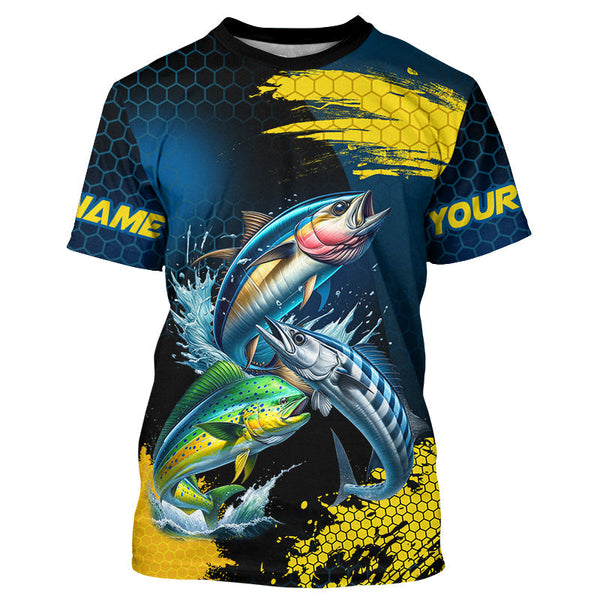 Maxcorners Blue And Yellow Camo Mahi Mahi ( Dorado), Wahoo, Tuna Fishing Custom Saltwater Fishing Jerseys