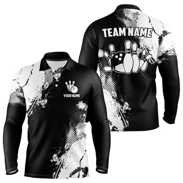 Maxcorners Black and White Retro Mens Bowling Polo, Quarter Zip shirts Custom team bowling jerseys mens outfit